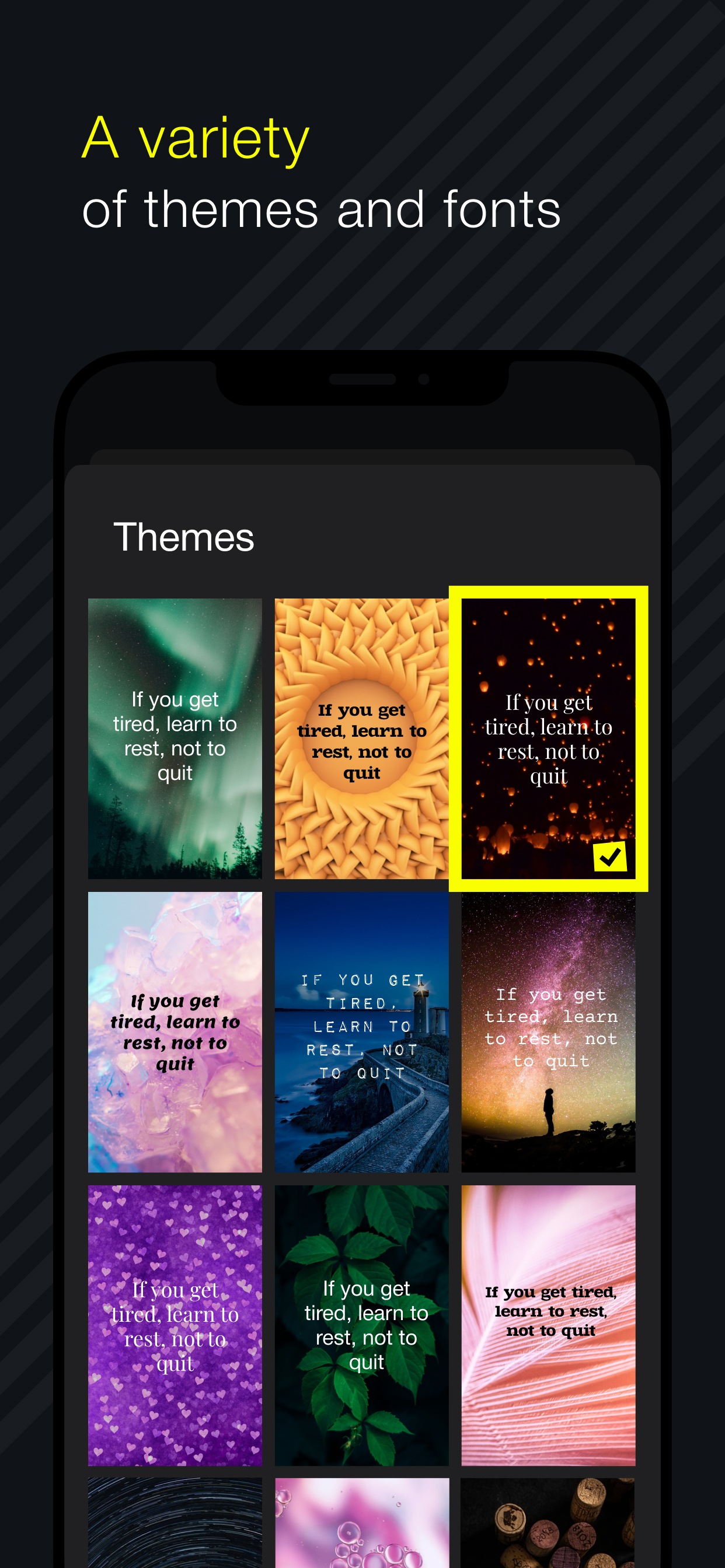 Grid of nine theme previews with different backgrounds and fonts